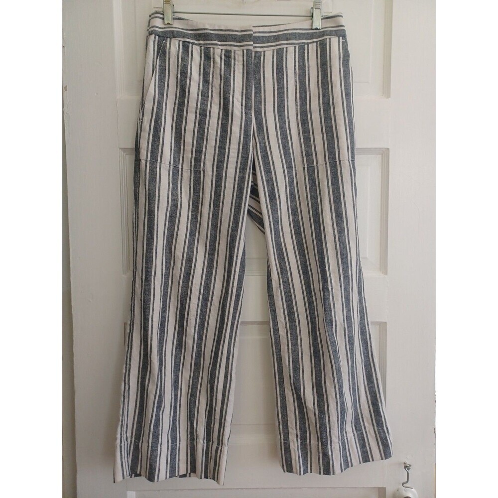 Ann Taylor navy white stripe linenblend wide leg pants 0 ankle beach resort city